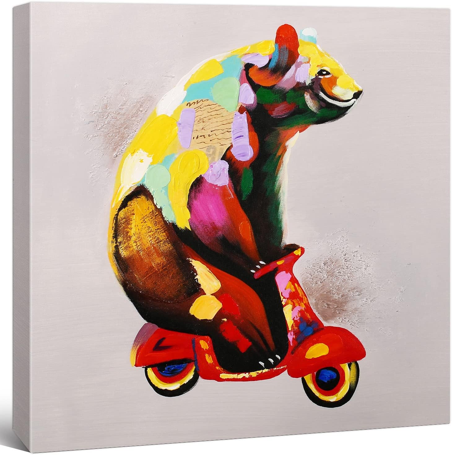 Modern Animal Pop Art - Framed - Bear on Tiny Motorcycle Canvas Print Home Decor Wall Art, Gallery Wrap Inner Frame, 24x24