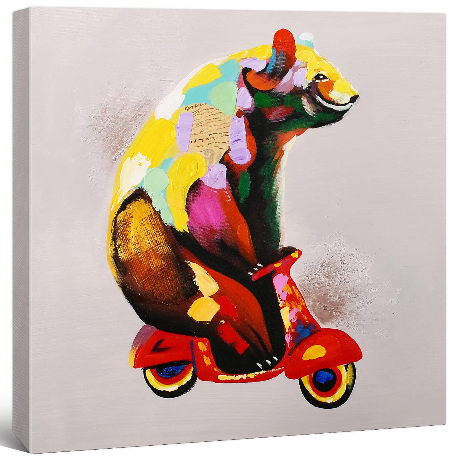 Modern Animal Pop Art - Framed - Bear on Tiny Motorcycle Canvas Print Home Decor Wall Art, Gallery Wrap Inner Frame, 24x24