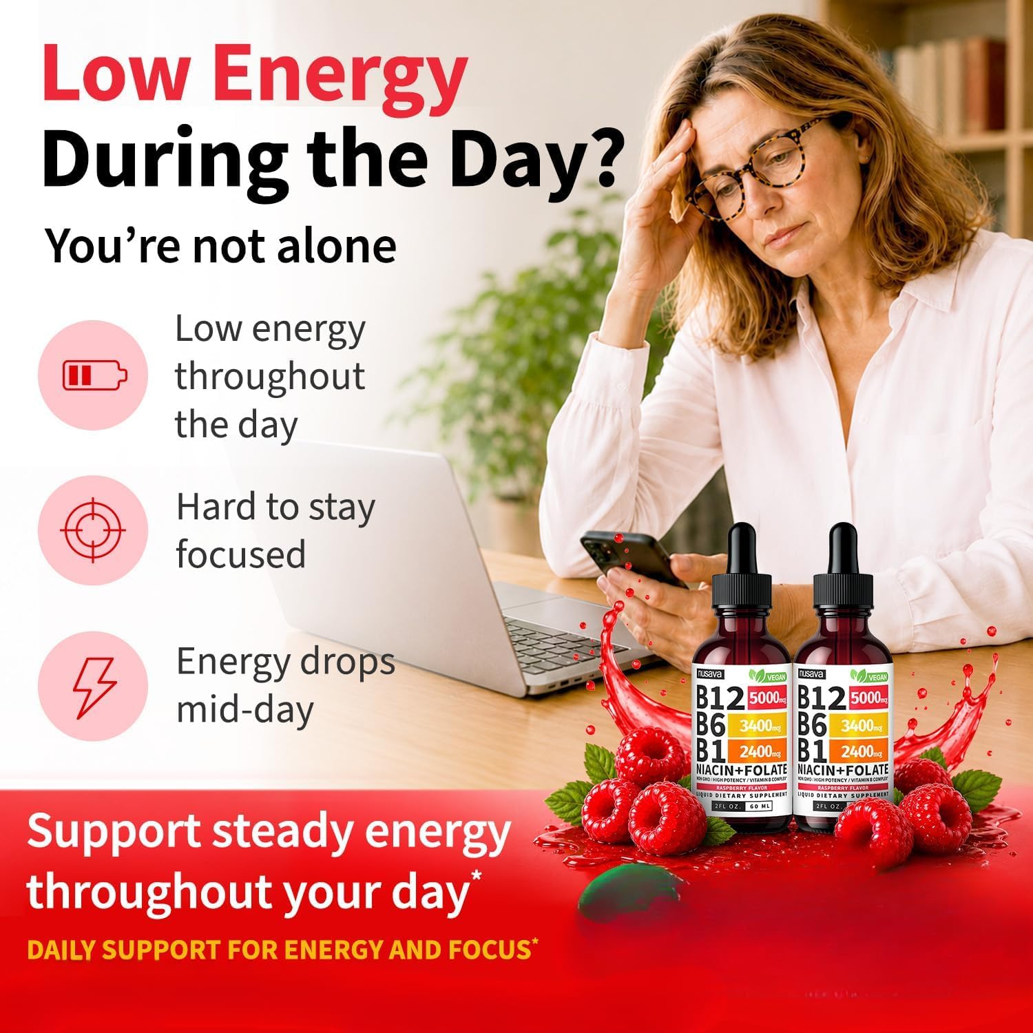 NUSAVA (2 confezioni) Gocce liquide di vitamina B12 con B6, B1 | NUSAVA (2 confezioni) Gocce liquide di vitamina B12 con B6, B1, niacina e folato - Complesso di vitamina B sublinguale B12