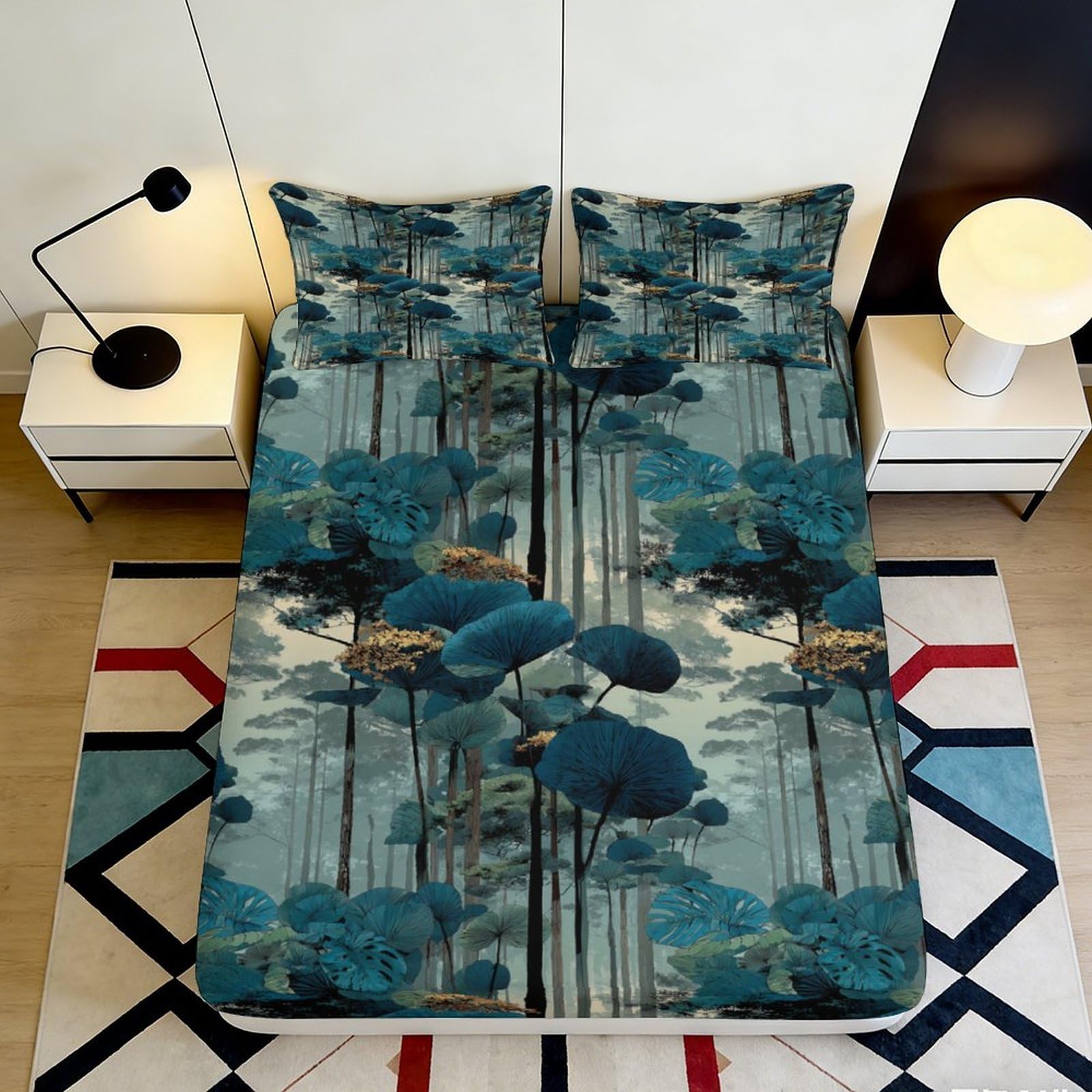3D Printed Forest Lotus Fitted Sheet Microfiber Anti-Slip Botanical Bed Cover for Bedroom Guest Room Machine Washable 90x200x25cm