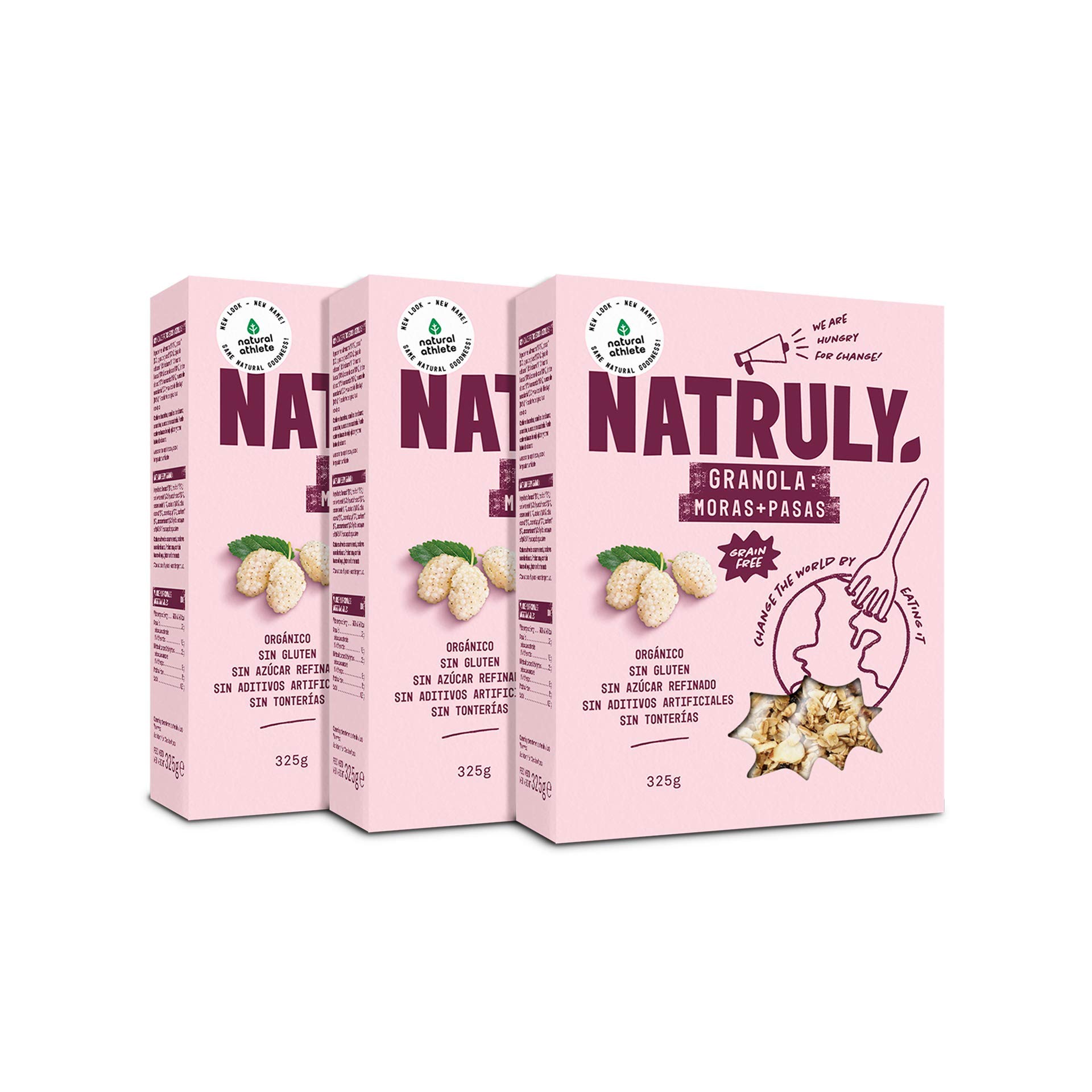 NATRULY Granola BIO de Frutos Secos y Semillas Sin Cereales, Sin Gluten y Sin Azúcar Refinado, Vegana, Sabor Moras y Pasas -Pack3x325g