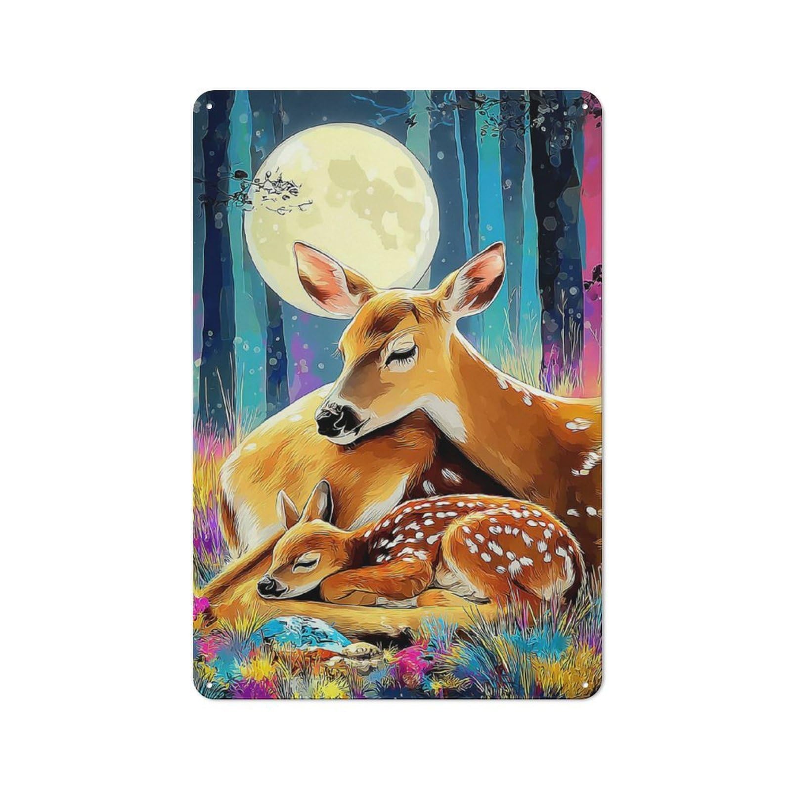 Junmoney Deer Family Under The Moonlit Forest -1 Metal Wall Plaque With Design 30X20cm, Classic Retro Room Decor For Kitchen, Hallway, Bar Or Small Cafe