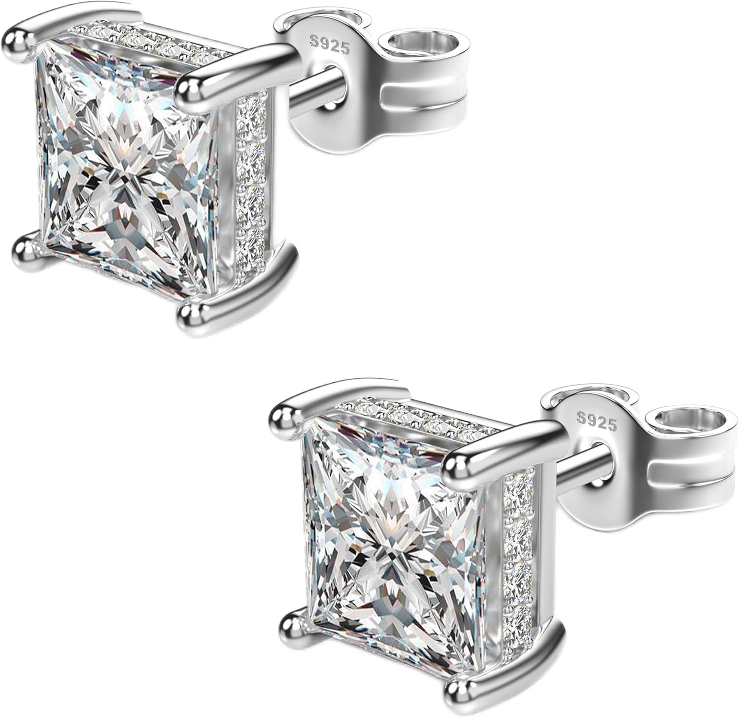 TATCAI 18K White Gold Plated Sterling Silver Princess Cut Square Cubic Zirconia Stud Earrings for Women Men Clear CZ Diamond Stud Earrings