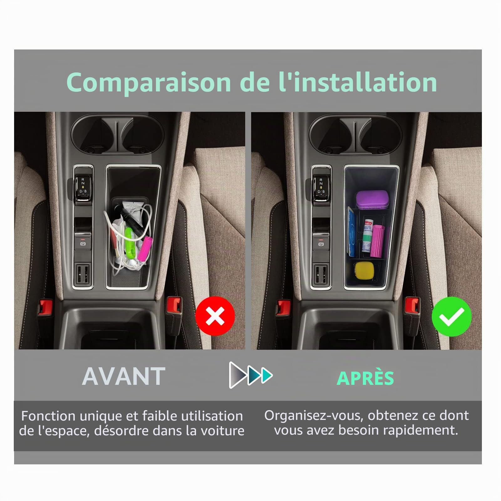 GAFAT Compatible avec Skoda Enyaq RS 2021-2025 2026 Elroq RS Boîte de Rangement Console Centrale, Enyaq 85 80 Organiseur + Étagères Inférieures en Caoutchouc Souple TPE, Enyaq iV Accessoires [3 PCS]