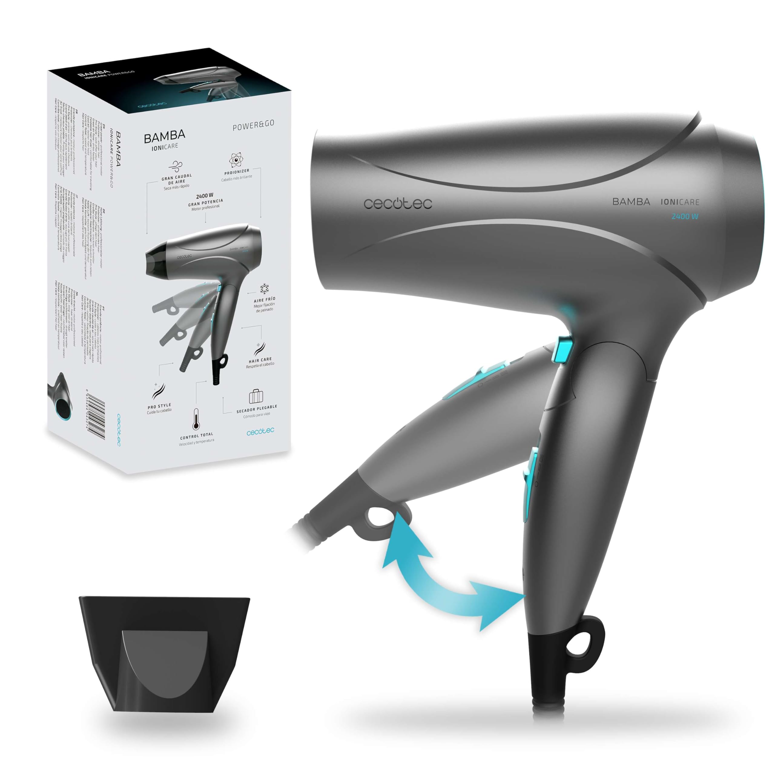 Cecotec Secador Compacto de Pelo Bamba IoniCare Power&Go. Potencia 2400 W, Motor DC, Función Ionizadora, Gran caudal, Función de aire Frío, Tecnología HairCare, Mango Plegable