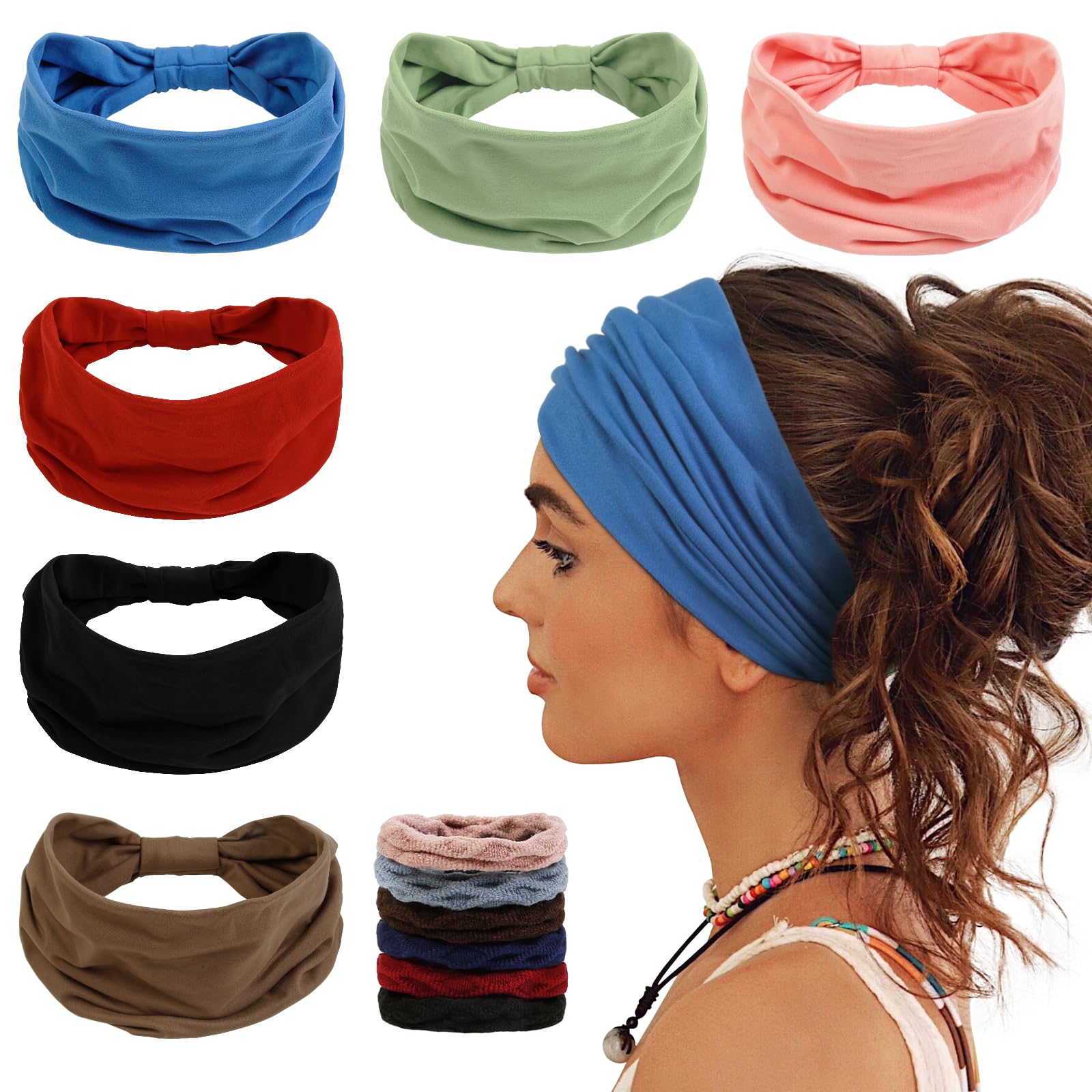 AIBFRID 6 Packs Wide Headbands for Women Non Slip with 6PCS Hair Ties, Soft Head Bands for Women’s Hair Yoga Workout Gym Bandanas Head Scarf Thick