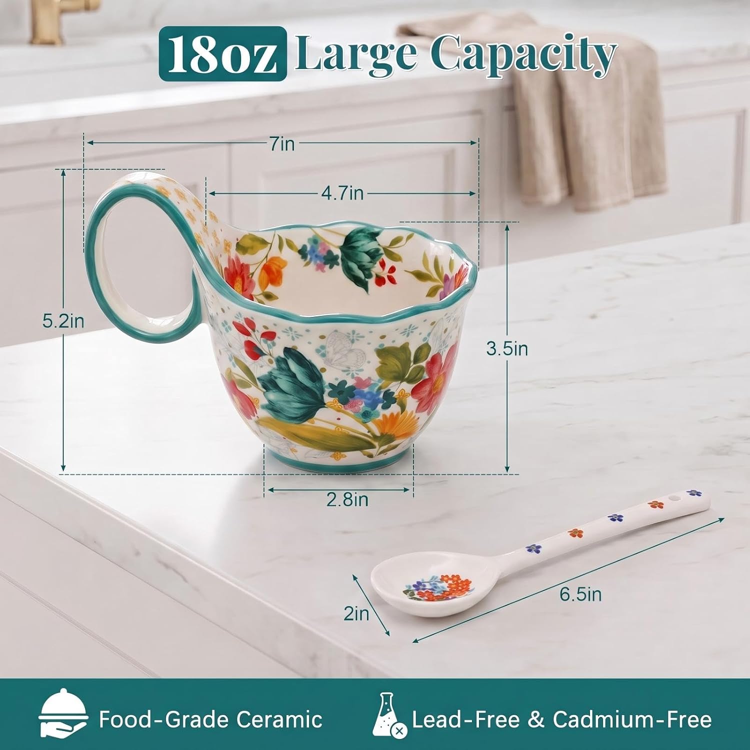 Ceramic Pioneer Woman Soup Bowl with Handle & Spoon, Floral Mugs for Women