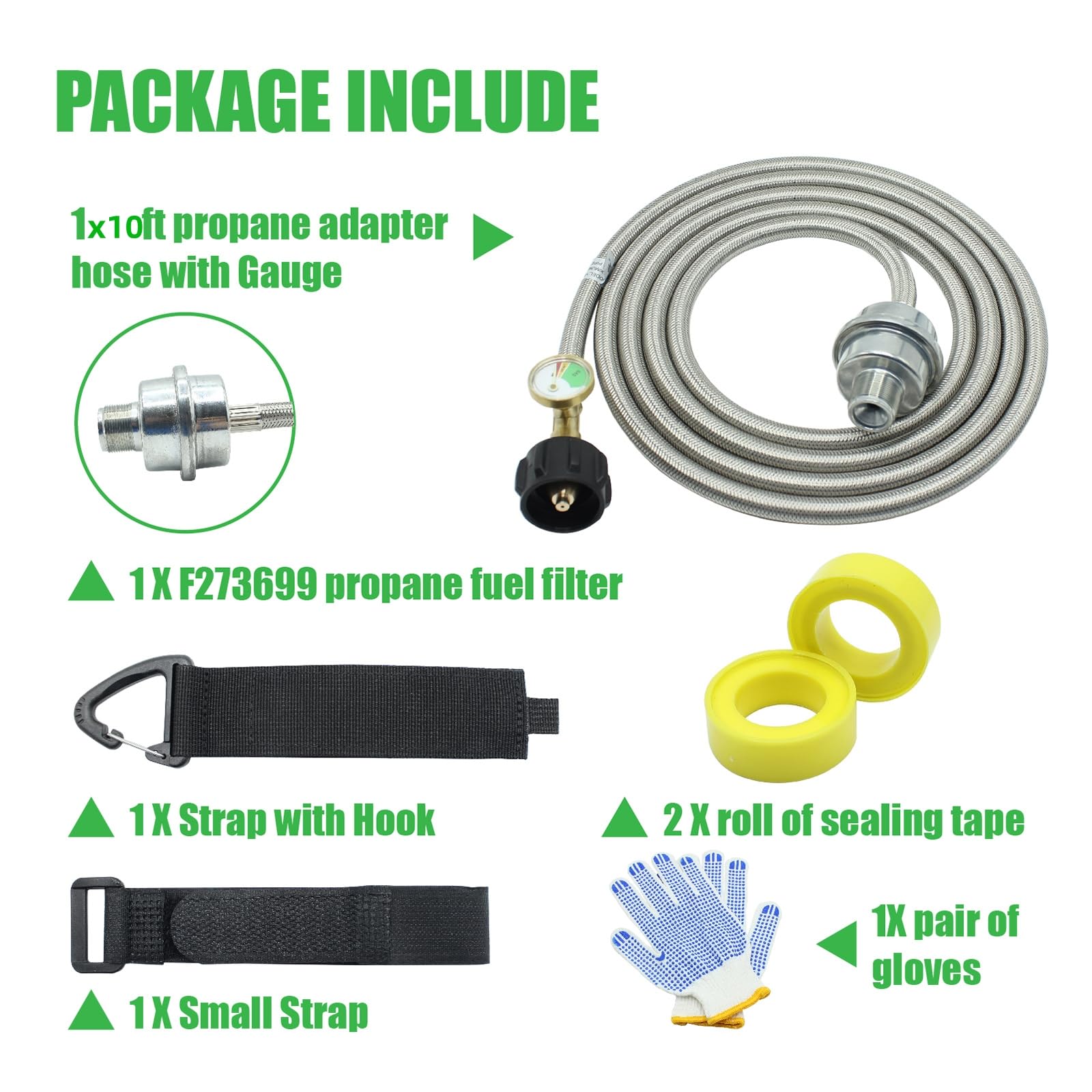 Filtro carburante propano da 3 m F273699 con tubo e manometro, tubo in acciaio inox intrecciato per propano adatto per Mr Heater Buddy e Big Buddy, da collegare a serbatoi di propano da 2,3 a