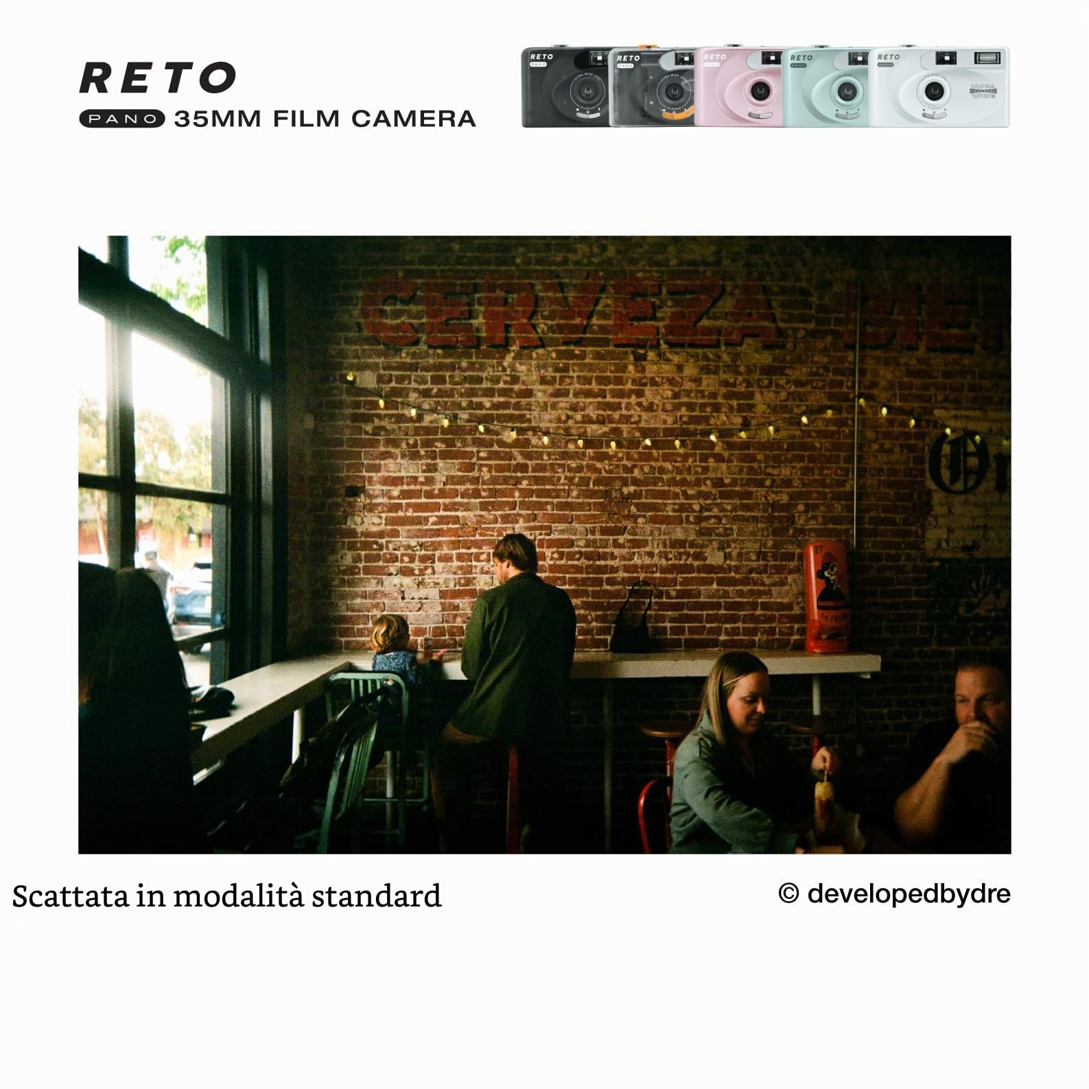 RETO PANO - Fotocamera a pellicola da 35 mm, obiettivo largo 22 mm, panorama, facile commutazione, modalità cinematografica, copriobiettivo, flash integrato, riutilizzabile (pellicola e batteria AAA