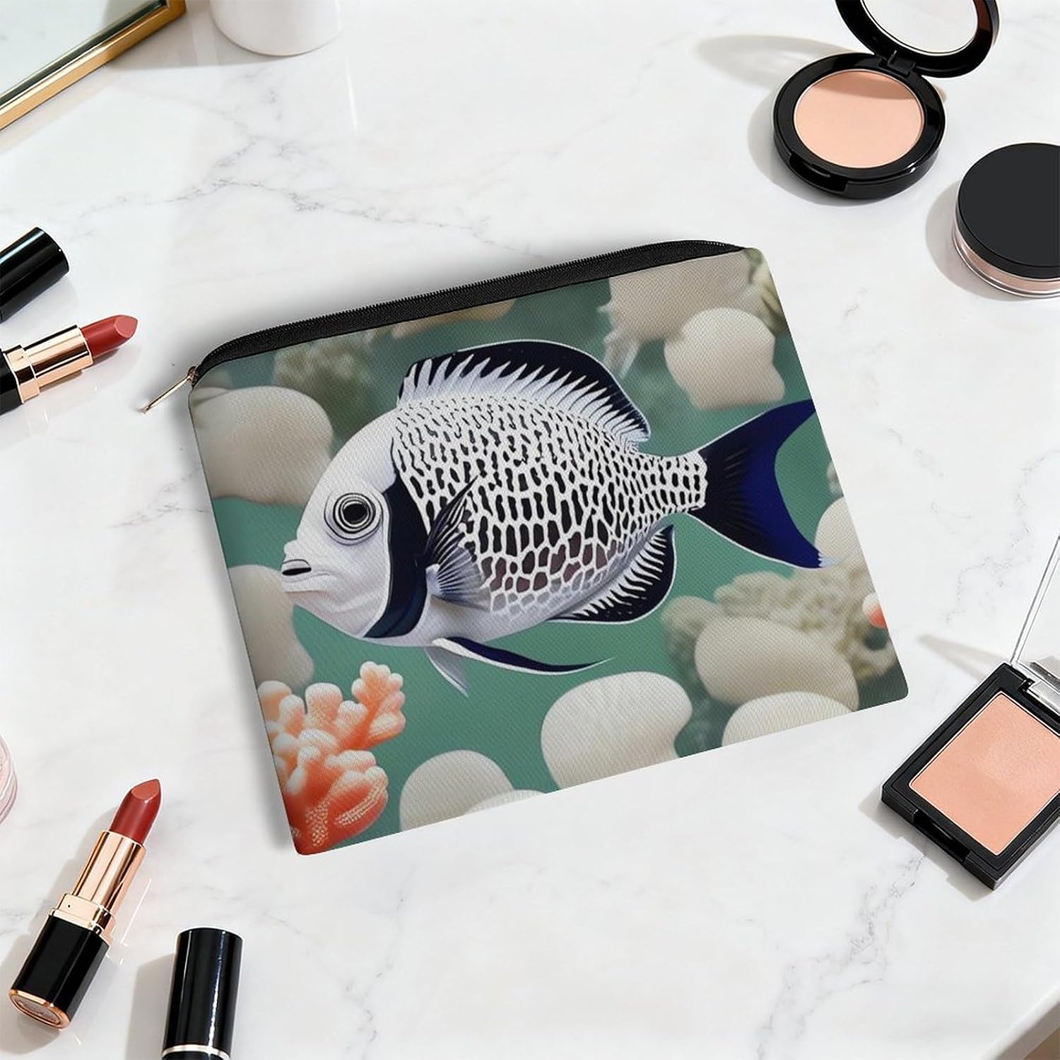 White Tropical Fish Makeup Bag Small Cosmetic Pouch with Zipper image 5