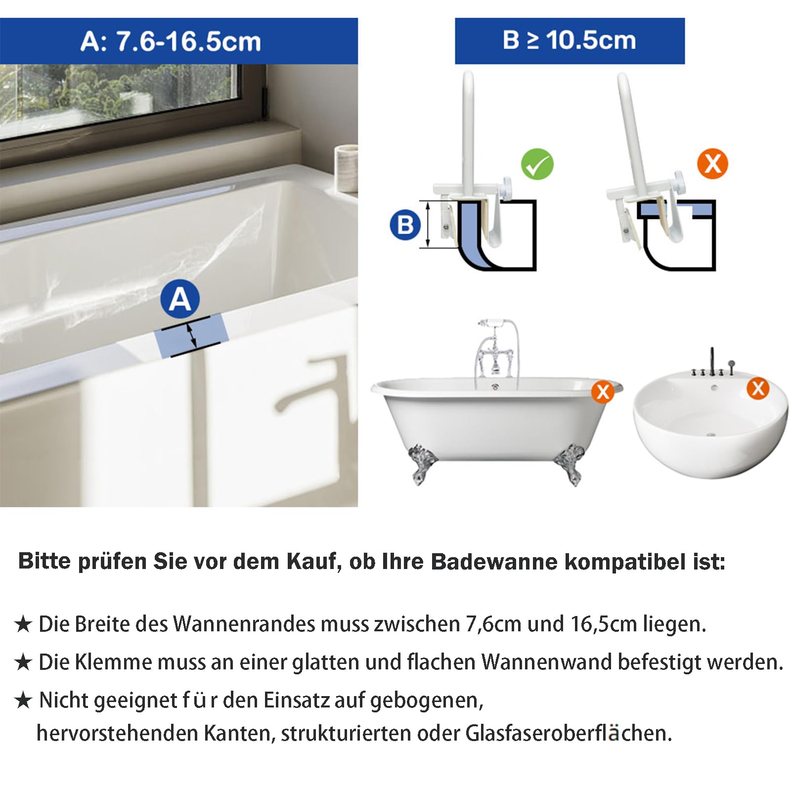EasyVibe badewannen einstiegshilfe für senioren, Einstiegshilfe für die Badewanne, badewannenhaltegriffe Badewannengriff mit verstellbarer Breite, belastbar mit bis zu 136 kg