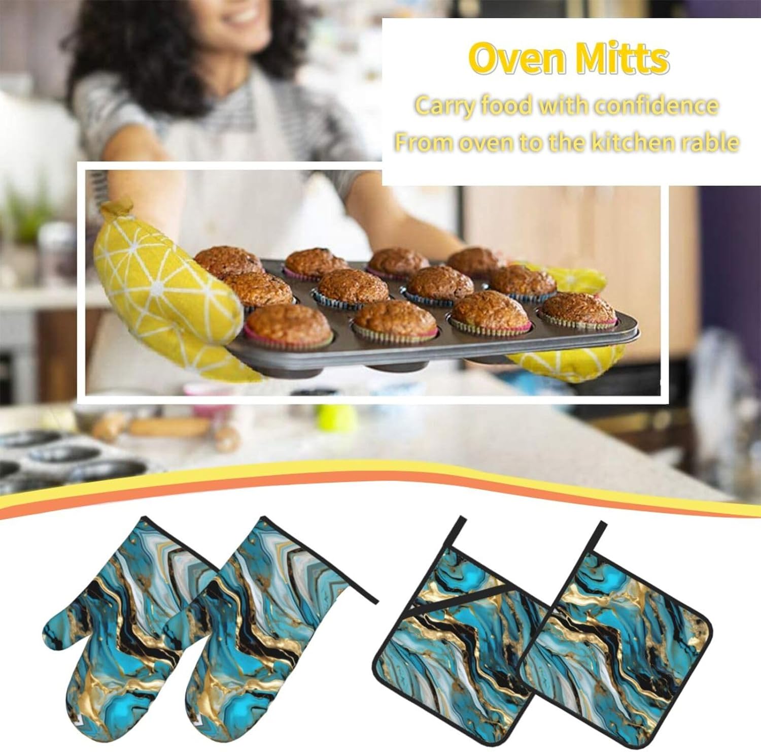 FRGMNT Turquoise Blue Gold Marble Print Oven Mitts,Pot Holders, Heat Resistant Oven Mitts Gloves,Hot Pads for Kitchen Cooking Grill
