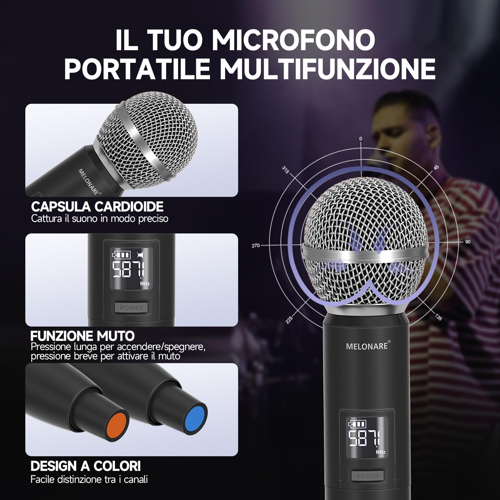 MELONARE Sistema Microfonico Wireless UHF Dual Auto Scan MWU-20-2H | 2 microfoni palmari dinamici, 2 x 100 frequenze, portata 260 piedi, canto, karaoke, chiesa e set DJ