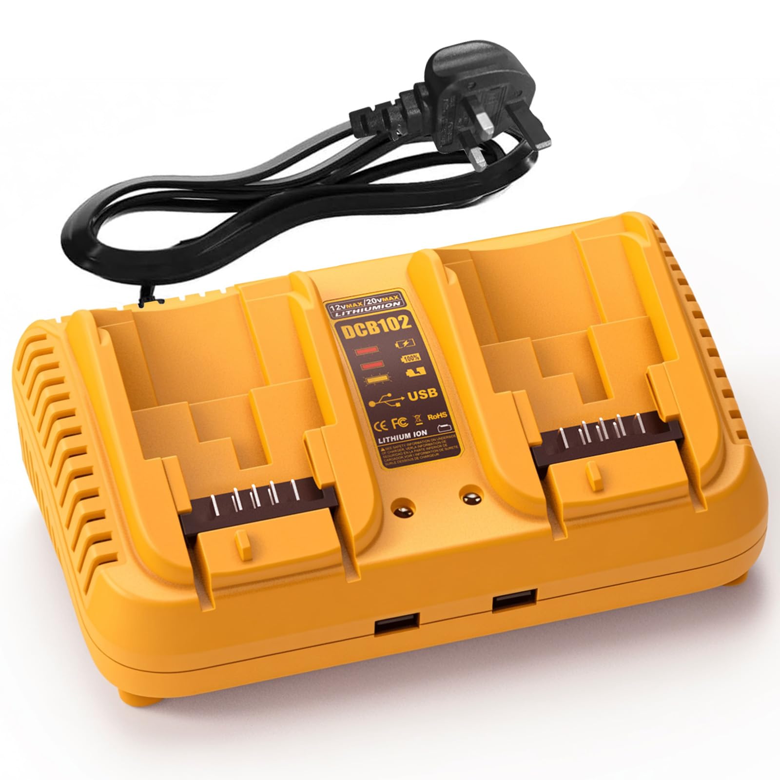 2-Ports Battery Charger Replacement Compatible with Dewalt 12V/20V Lithium-Ion Batteries – Fast and Smart Charging Indicator Compatible with DCB Series Lithium Batteries, with Dual USB Output Ports