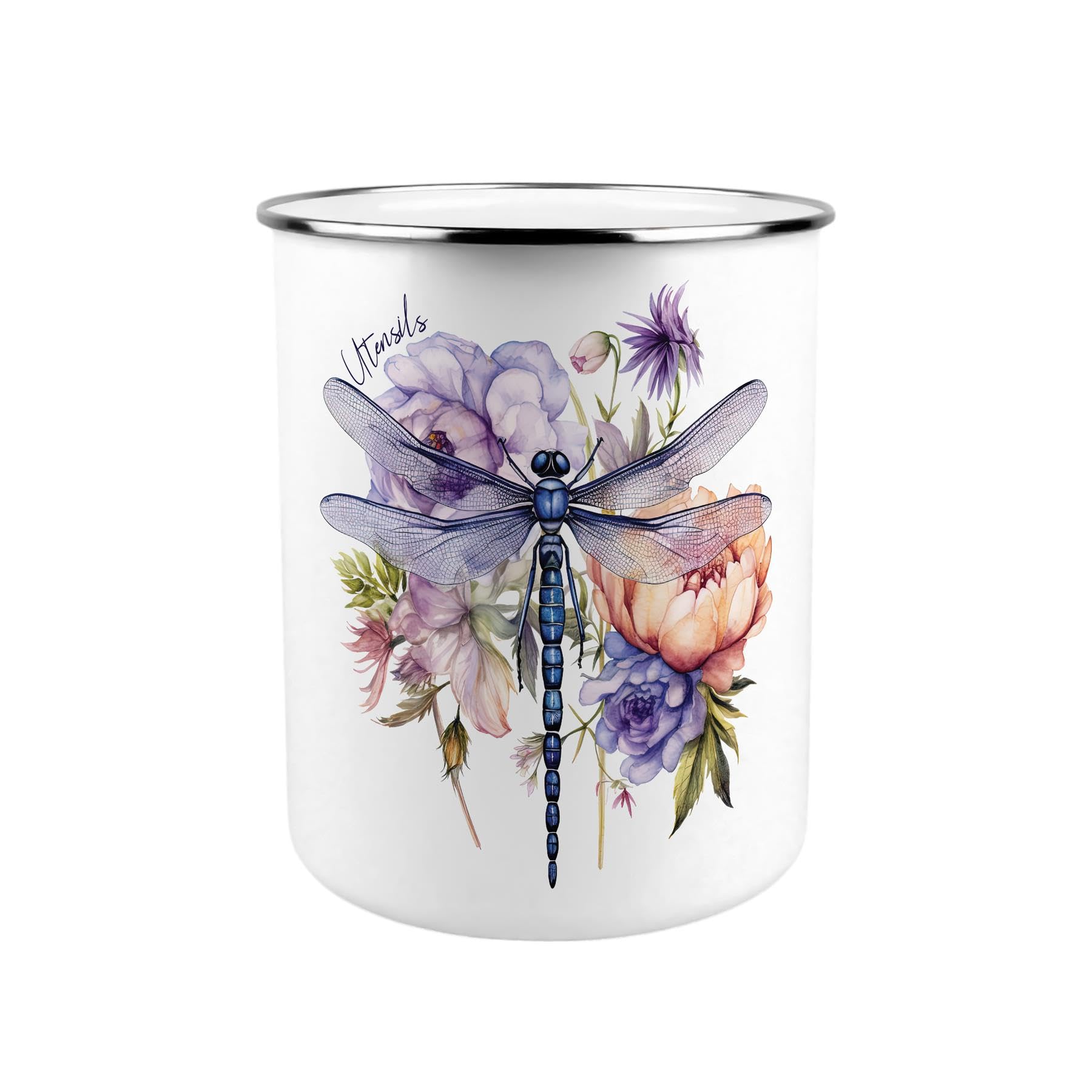 Purely Home Dragonfly Metal Utensil Holder - Purple Floral XL Kitchen Utensil Pot/Organiser for Countertop Decor Gift 18x16.5cm
