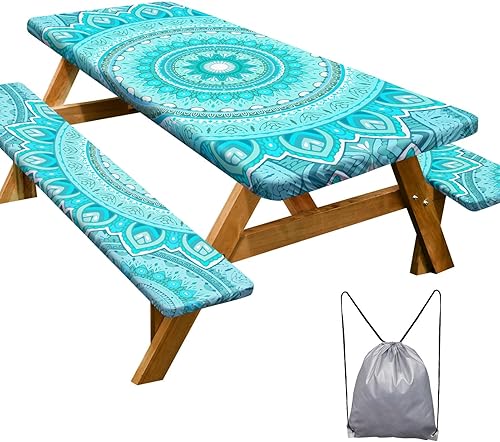 Miniatura 386 de Play Tailor - Mantel para mesa de pícnic con cubiertas para bancas, impermeable y a prueba de viento con bolsa de cordón, ajustable a mesas y bancas