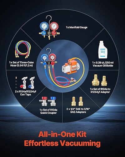 Miniatura 4 de VEVOR Juego de bomba de vacío y medidor de CA, 4.5 CFM 13 HP, bomba de vacío HVAC de paletas rotativas de una etapa, kit de manómetro de colector de