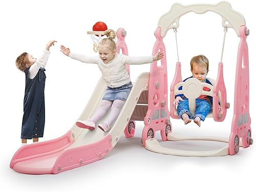 Juego de columpio escalador de tobogán 4 en 1, juego independiente de escalador de tobogán para niños pequeños con aro de baloncesto, patio de