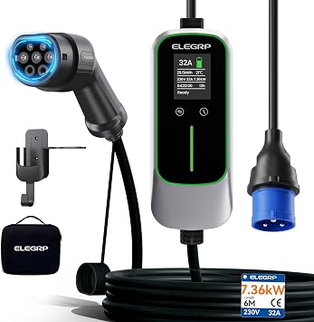 ELEGRP Type 2 EV Charger 7.36kW, 6m 32A Adjustable Current & Timer