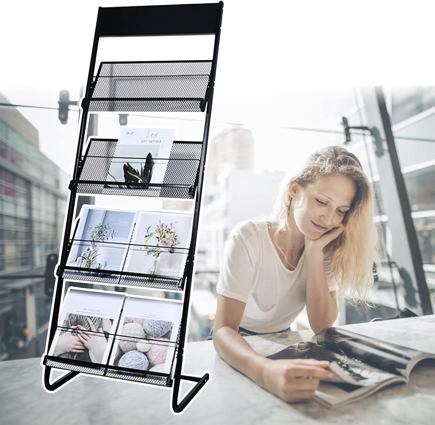 Présentoir à magazines sur pied et support de littérature métal pour rangement catalogue
