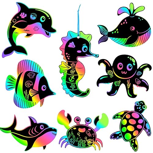 JULMELON 36 PCS Ocean Crafts, Rainbow Scratch Art Under The