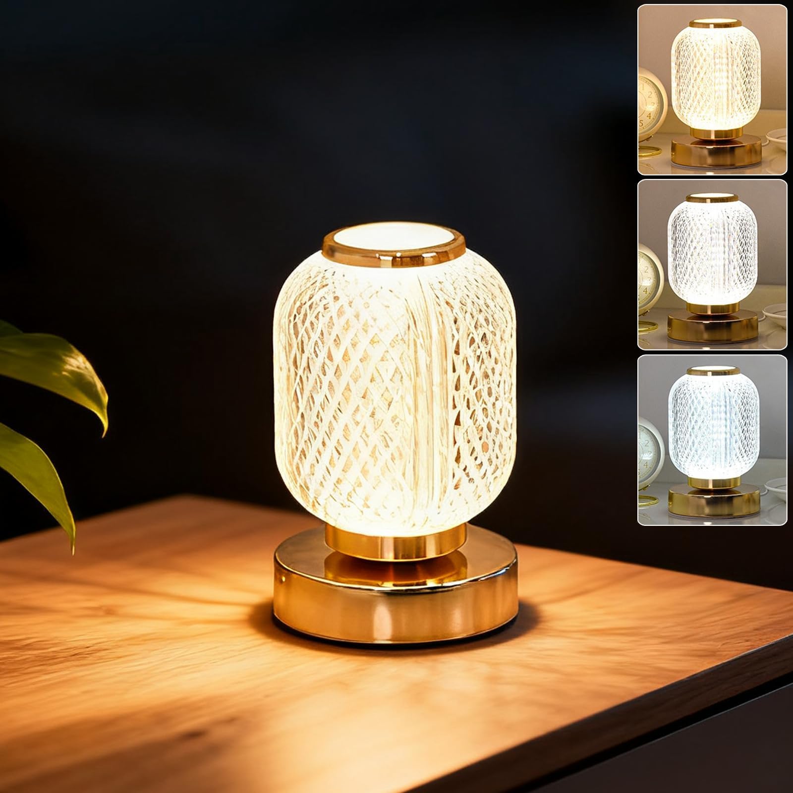 Modern Crystal Night Light with 3 Color Modes, LED Stepless Dimmable Table Lamp with Glass Shade, Bedside Desk Lamp with USB Plug-in Style for Home Bedroom Living Room Office Restaurant (Lantern)