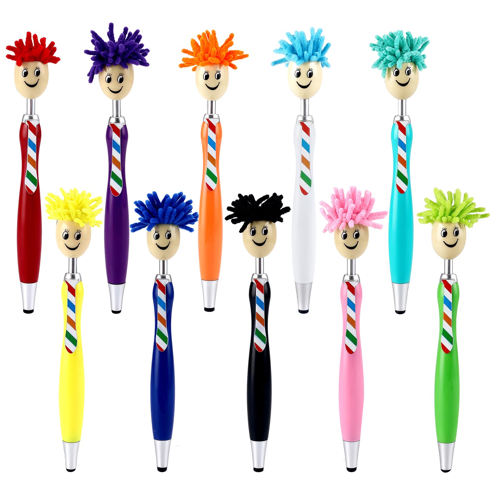 10Pcs Mop Head Pens Fun Mop Ballpoint Pen with Plush Hair Smile Face Toppers Multifunctional Novelty Cartoon Click Signing Stylus Pens for Office Supplies Funny Pen Birthday Gifts for Adults