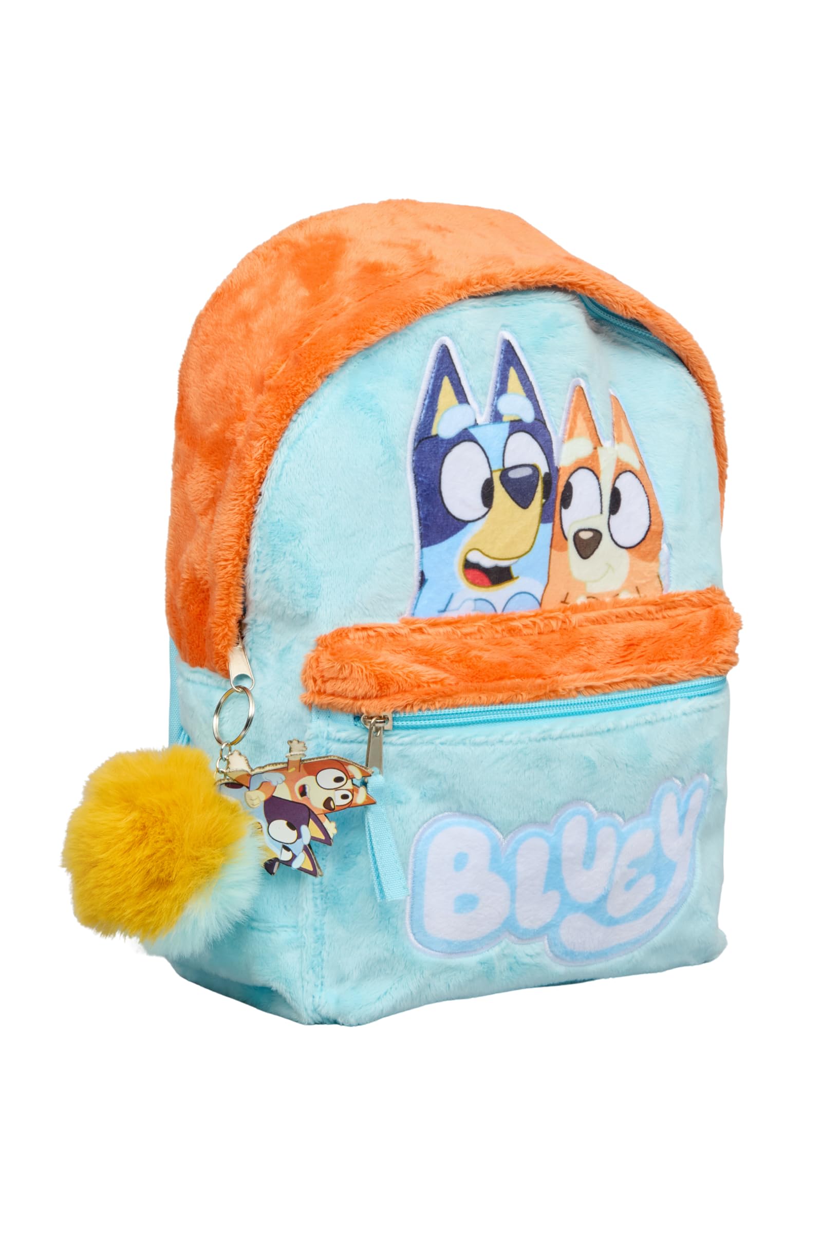 Bluey Chłopięcy pluszowy plecak dla dzieci, miękki, futrzany, z kieszenią na zamek błyskawiczny i brelokiem, torba podróżna dla dzieci w wieku przedszkolnym