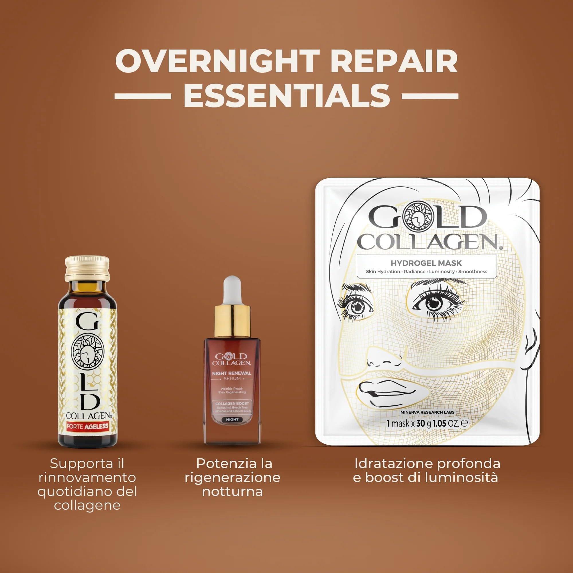 GOLD COLLAGEN Forte Ageless - Collagene Integratore Antirughe Antiossidante Riduce Linee Sottili con Biotina Crescita Capelli, Vitamina C, Collagene Marino con Acido Ialuronico Plumper, 10x50 ml
