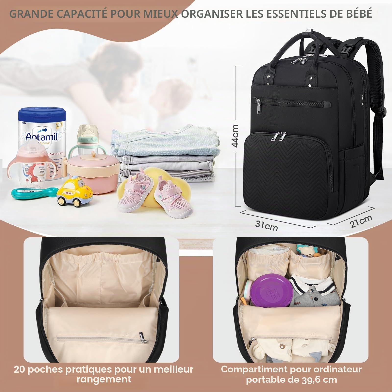 RAINSMORE Sac a Langer Bebe Grande Capacité Sac a Langer avec Matelas à Langer Portable Multifonction avec Sac Isotherme Unisexe