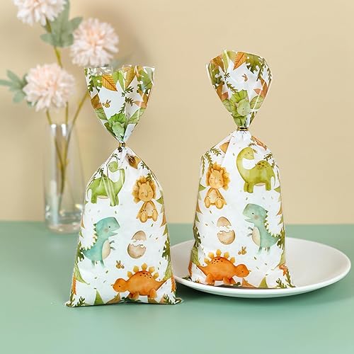 Decoraciones de bolsas de caramelos de dinosaurio para fiestas, 100 unidades, bolsas de regalo transparentes para niños, bolsas de dulces, bolsas de
