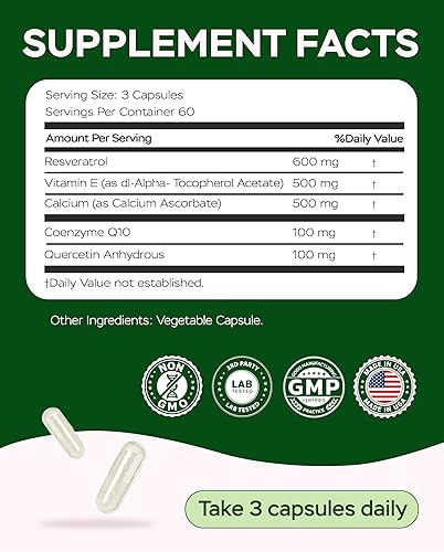 Miniatura 5 de Complejo de suplemento de resveratrol de 1800 mg - COQ10, quercetina, vitamina E, vitamina C - Potente fórmula antioxidante para mejorar la energía,