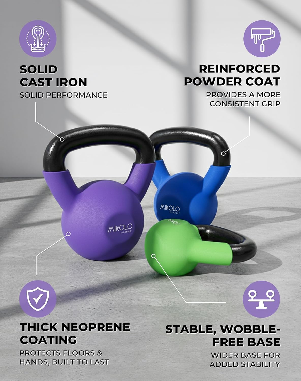 Mikolo Neoprene Coated Cast Iron Kettlebells 5-30LB Set, Solid Weight Set with Wide Grip Handle and Flat Bottom, Ideal for Full Body Strength Training at Home Gym