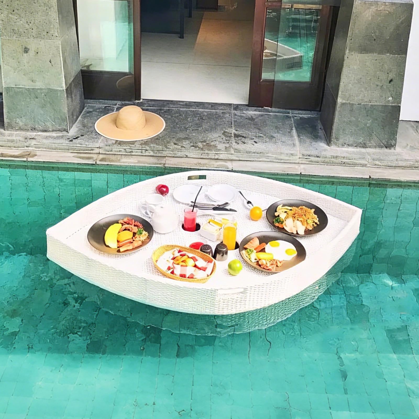 Floating Tray for Pool – Heavy-Duty Floating Pool Tray for Food and Drinks, Spill-Proof Floating Drink Holder for Pool, Swim Up Bars for Pool, Adult Swimming Accessory leaf-White