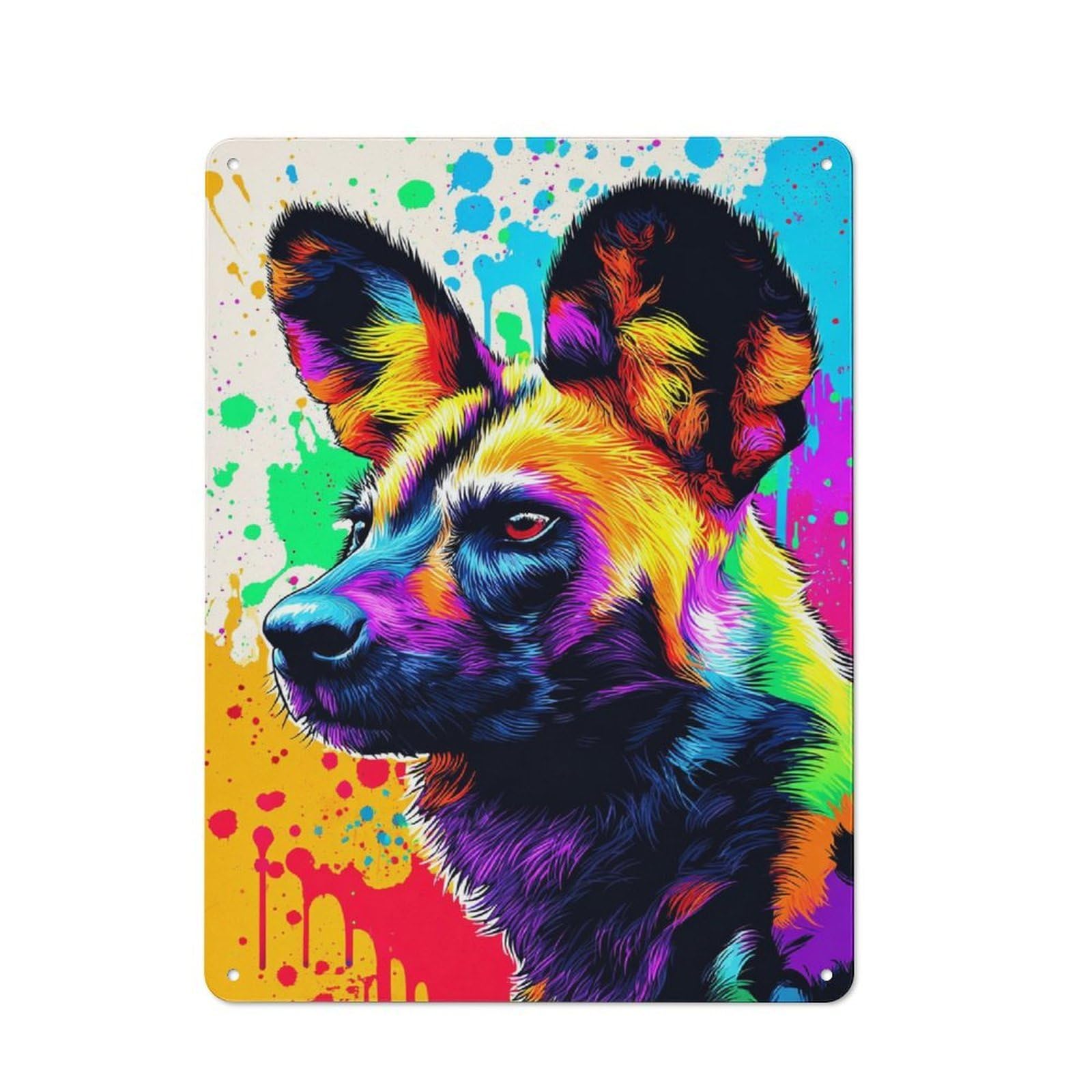 Retro Metal Plaque 40x30cm Featuring Colorful Wild Dog Portrait -3, Bistro Wall Plaque for Bakery, Diner, Cafe Or Family Room