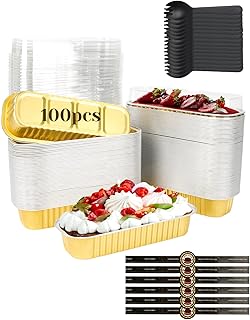 100 Pack Mini Loaf Pans with Lids, Spoons & Stickers – Disposable Aluminum Foil Baking Cake Containers for Oven, Air Fryer & Freezer – Ideal for Cakes, Bread, Pudding, Parties & Gifting, Gold