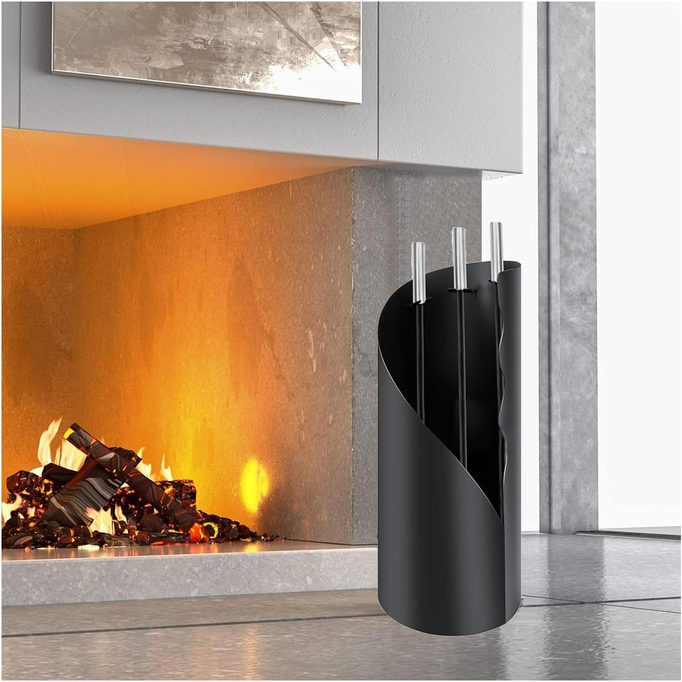 Heavy Duty Wrought Iron Fire Place Set Tools with Poker, Broom, Shovel & Base, Steel Construction Hearth Accessories for Indoor/Outdoor Usage