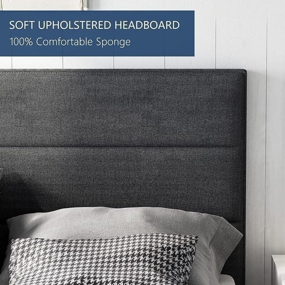 Image of Wooden Modern Upholstered Queen Size Bed for Bedroom | Wooden Double Bed Without Storage | Platform Cot Upholstered Bed with Upholstery Fabric | 6.5 x 5 Ft | Dark Grey Khaza Eithan