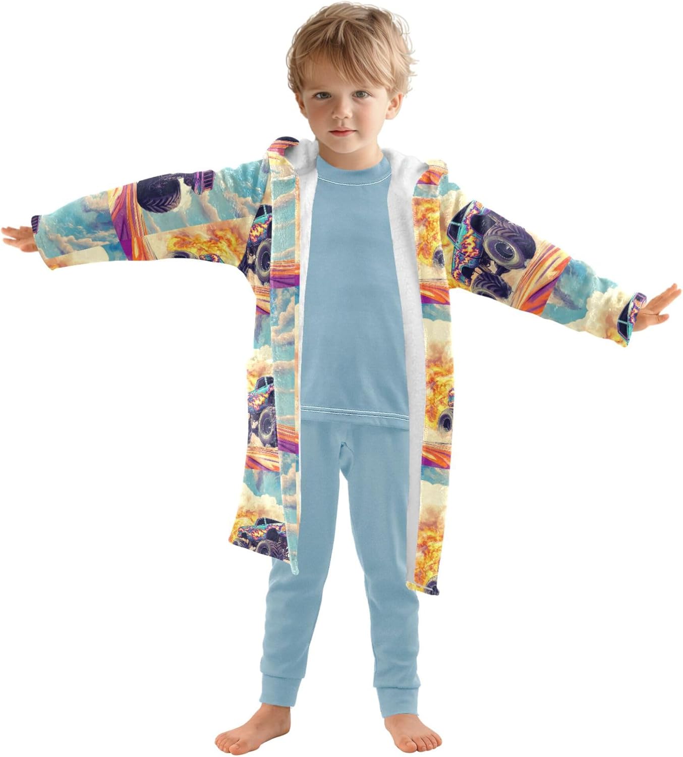 Fire Monster Truck Cars Bathrobe Hooded PJ Robe Plush Fleece Robe Pajama Sleepwear 2-12 Years