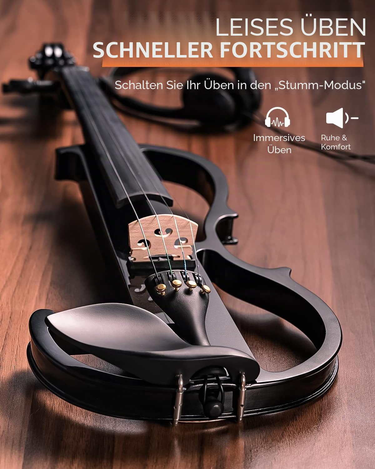 Vangoa 4/4 Elektrische Violine E Geige aus Massivem Holz Electric Stille Violine in Volle Größe mit Kolophonium, Tragetasche, Audiokabel, Schulterstütze, Bogen, Schwarz