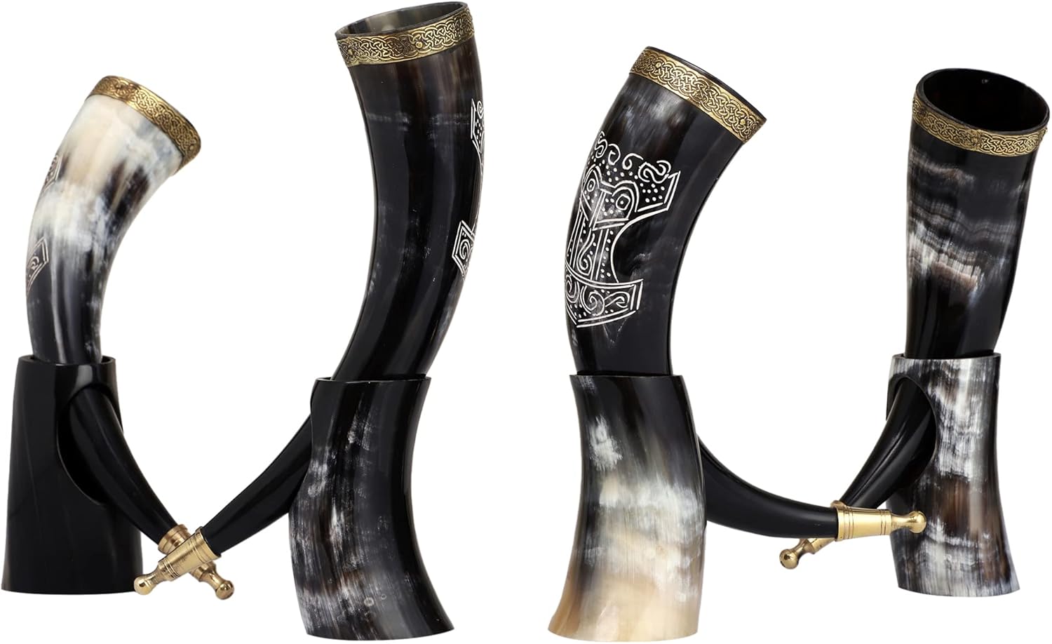 Handmade Viking Drinking Horn with Stand – Genuine Ox Horn Cup for Beer, Mead, Ale & Wine | Mjölnir Thor’s Hammer Carved, Medieval Norse Gift - 4 pieces Set