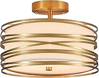 Vista 9 de Drum Semi Flush Mount Ceiling Light Fixture Vintage 12.2“ Modern Farmhouse 2-Lights Linen Drum Ceiling Lighting Rustic Golden Ceiling lamp for