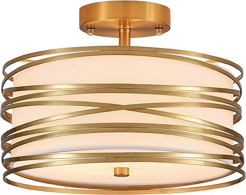 Miniatura 9 de Drum Semi Flush Mount Ceiling Light Fixture Vintage 12.2“ Modern Farmhouse 2-Lights Linen Drum Ceiling Lighting Rustic Golden Ceiling lamp for