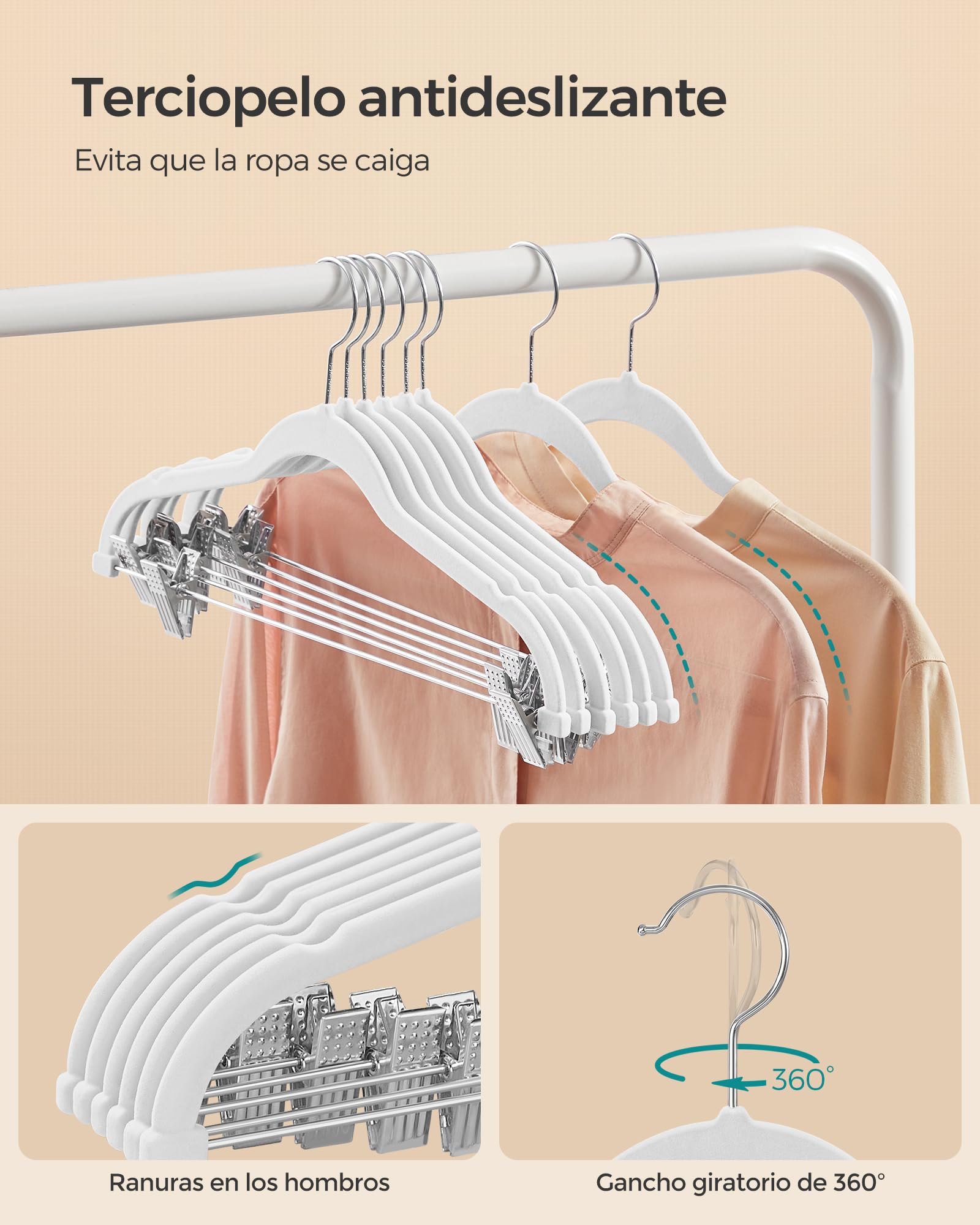 SONGMICS Perchas para Pantalones, 10 Perchas de Terciopelo, 42,5 cm de Largo, con Clips Ajustables, Antideslizantes, Ahorra Espacio, para Pantalones, Abrigos, Vestidos, Blanco CRF012W10