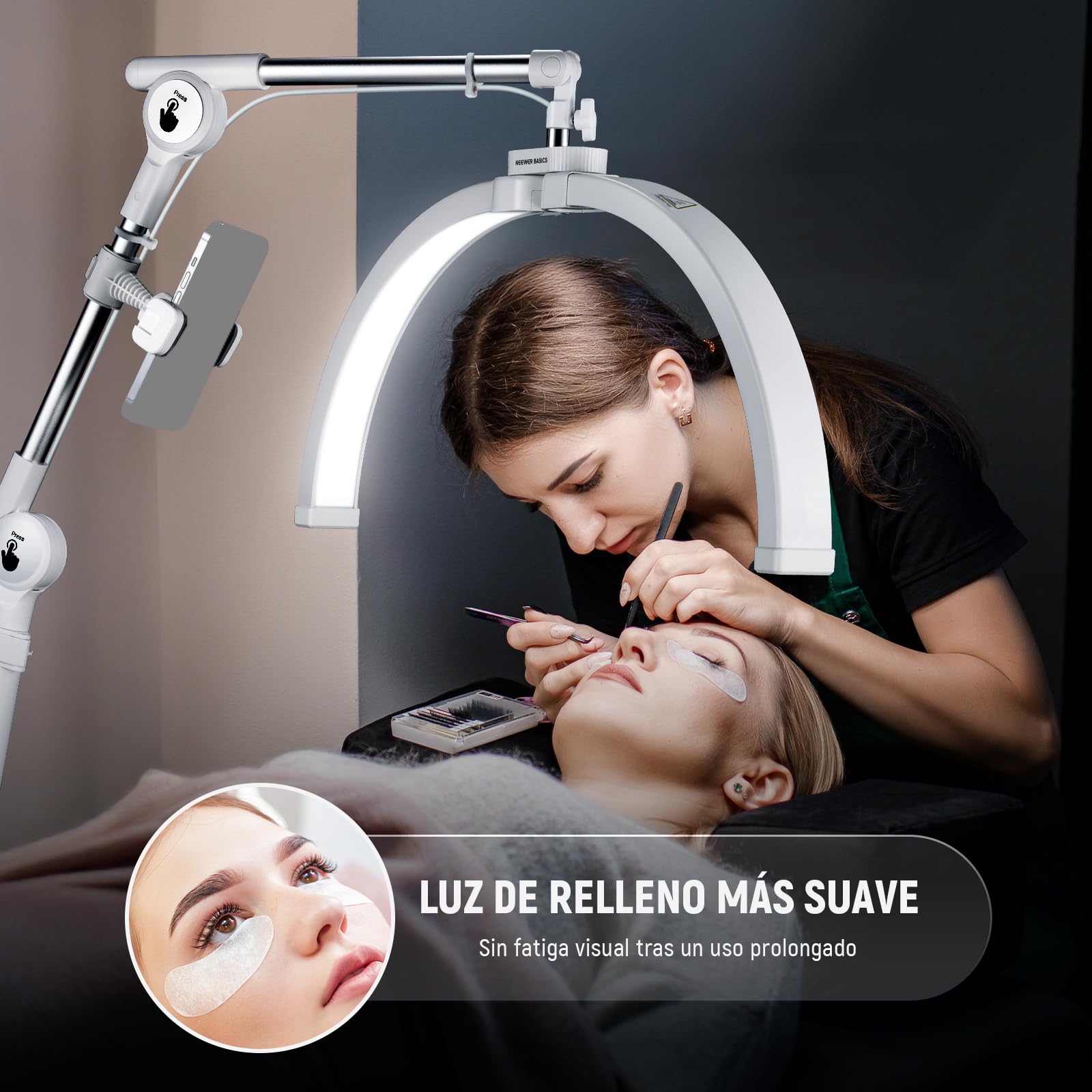 NEEWER BASICS 22" Half Moon Lash Light con Soporte Articulado Clamp Montaje Escritorio/Soporte Móvil, 32W Lámpara Arco LED Plegable para Manicura Maquillaje Belleza Tatuajes Grabación Video, HM03-D