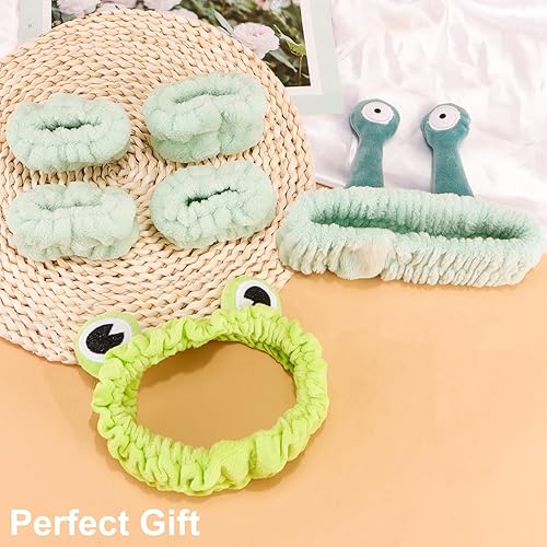 Miniatura 5 de Juego de diadema y pulsera de spa, diadema de maquillaje para el cuidado de la piel, diadema de rana y caracol para lavar la cara, muñequeras para