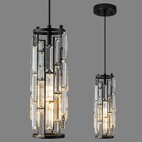 Lámpara colgante moderna negra de 1 luz para isla de cocina, mini lámpara de cristal colgante para cocina, isla, comedor, dormitorio
