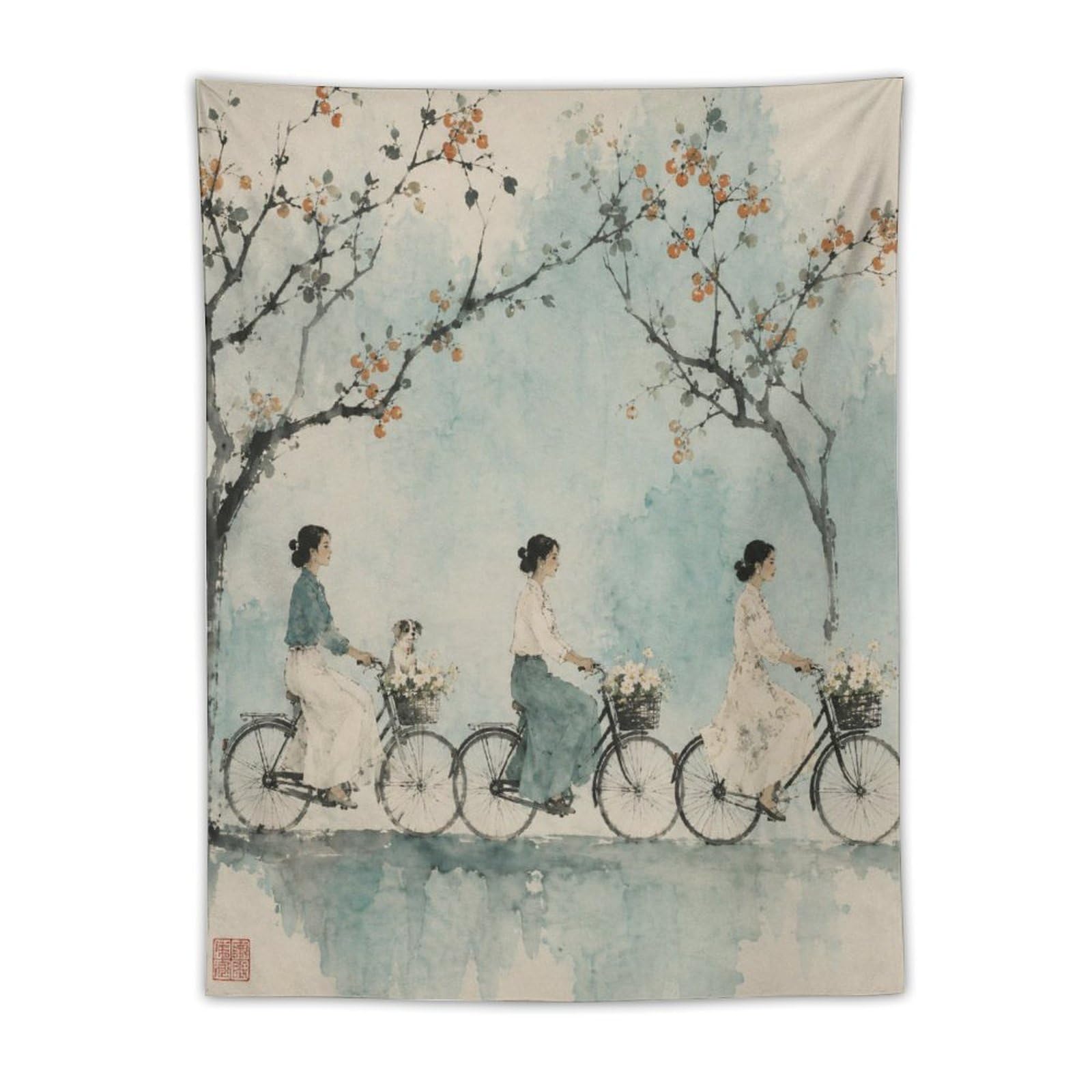 H3B8U2Y5 Cyclists under Blossoms Wall Tapestry, Asian Ink Style, Backdrop