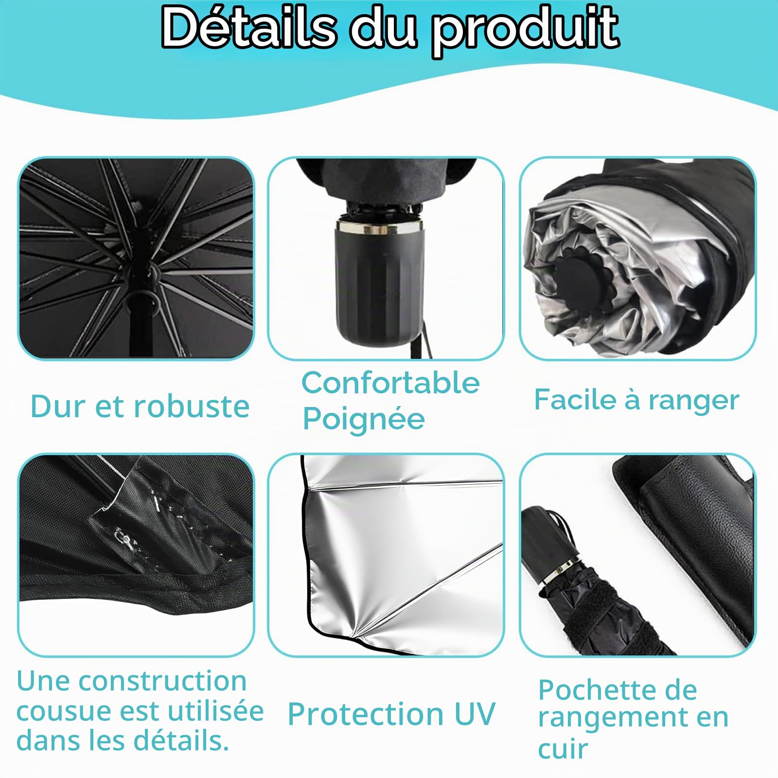 Pare Soleil Voiture Pare Brise Avant 140 x 80 cm, Pare-Soleil Parapluie pour Voiture, Parasol de Voiture Pliable, Protection UV et Isolation Thermique, pour Voiture, SUV, Fourgonnettes