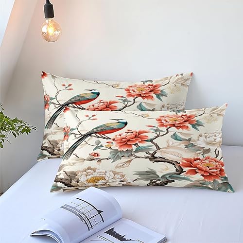 Miniatura 5 de CCoutueChen Juego de edredón con diseño floral de pájaros, tamaño individual, juego de ropa de cama vintage con flores rojas y beige, juego de ropa